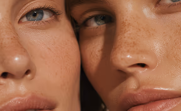 Close-up of two faces with freckles and blue eyes, highlighting natural skin texture and makeup.