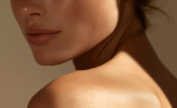 Close-up of a woman's lower face, neck, and shoulder with smooth skin in warm lighting.
