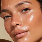 Close-up of a woman's face with glowing, dewy skin and natural makeup.