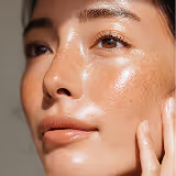 Close-up of a woman with glowing, dewy skin gently touching her cheek.
